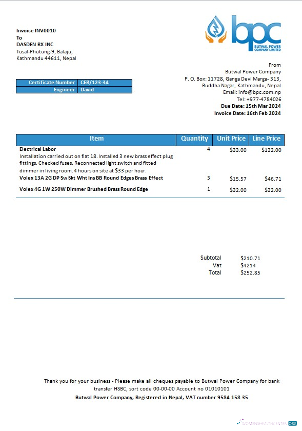 Nepal Butwal Power Company Limited electricity business utility bill template in Word and PDF formats